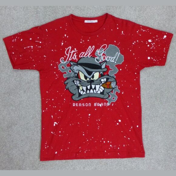 Reason Brand Red "It's All Good" Splatter Paint Graphic Embroidered T-Shirt - Picture 1 of 7